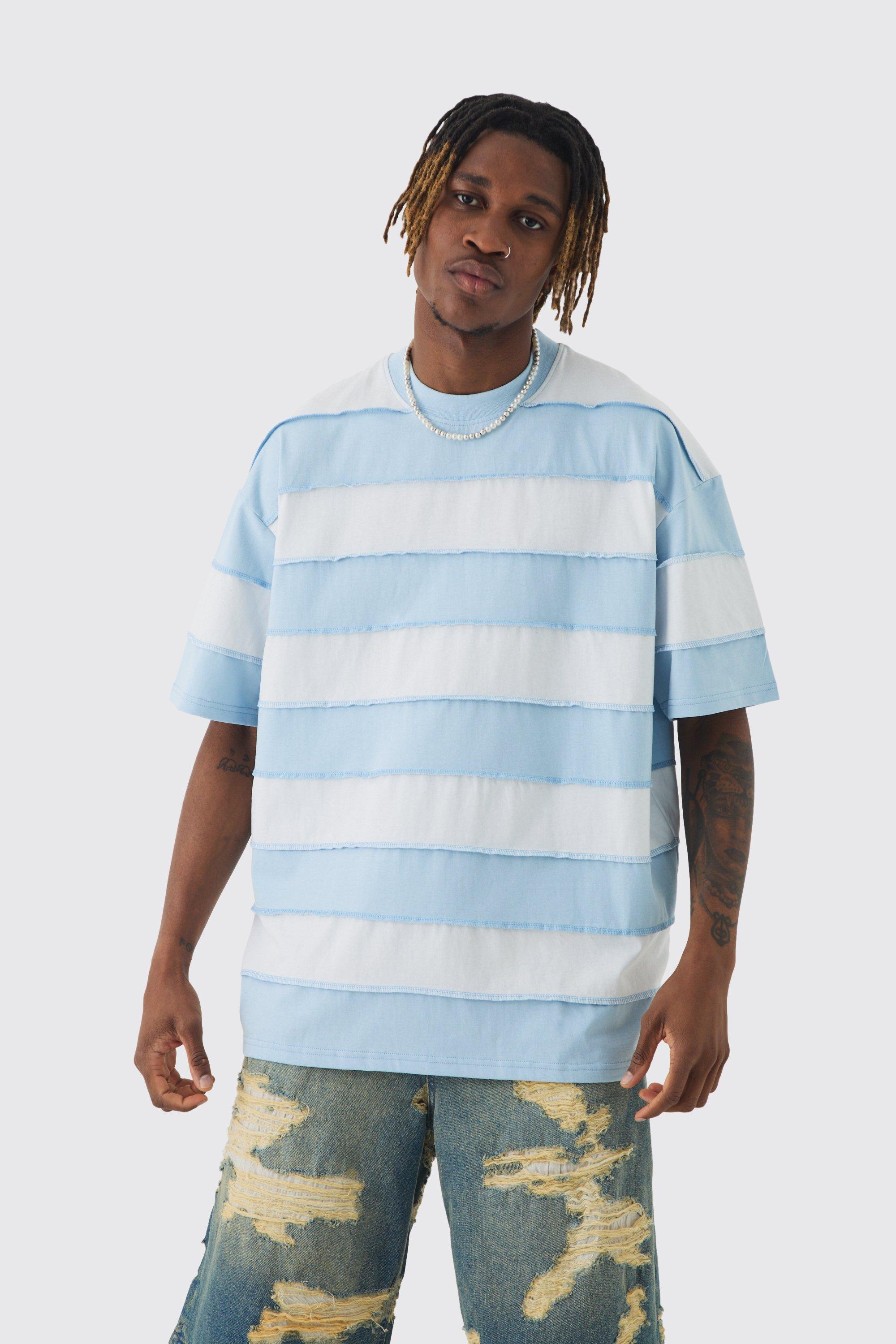 Mens Blue Tall Oversized Stripe Raw Seam T-shirt, Blue